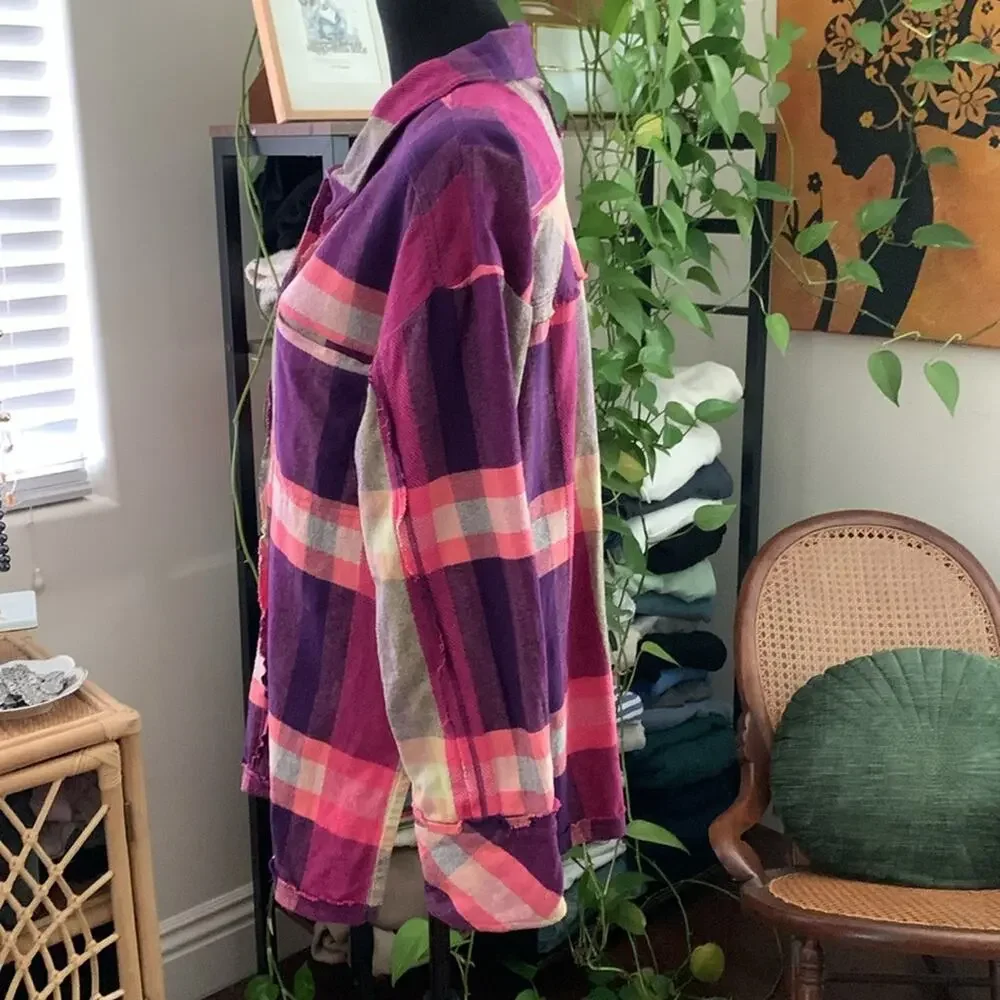 Free People We The Free So Long Summer Preppy Plaid Button Up Boho Flannel Top - Picture 4 of 7